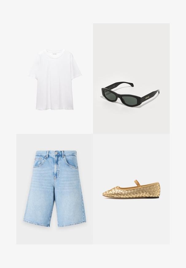 Bílá jednobarevná bavlněná trička s kulatým výstřihem, krátkým rukávem a uvolněným střihem. Hladká textura bez vzorů nebo akcentů.; Světle modré džíny šortky s vysokým pasem, vybavené dvěma předními kapsami, zapínáním na knoflík a rovnými širokými nohavicemi. Světle vybledlé po celé ploše.; Loeffler Randall LEONIE SOFT BALLET FLAT - Baleríny s páskem - gold; Černé obdélníkové sluneční brýle se zelenými skly, s výraznými rámy a zlatým nápisem "VERSACE" na spáncích.; Černá kožená kabelka s pletenými držadly, texturovaným povrchem, přední kapsou na zip a dekorativními třásněmi. Kompaktní a strukturovaný tvar.