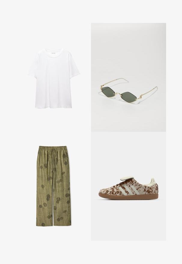 Prosta, biała koszulka wykonana z bawełny, z okrągłym dekoltem, krótkimi rękawami i luźnym krojem. Gładka faktura, bez wzorów czy akcentów.; Zielone, szerokie spodnie wykonane z teksturowanego materiału, z kwiatowym nadrukiem w ciemniejszych odcieniach zieleni oraz elastycznym paskiem z regulacją w talii.; Sneakers z beżowo-brązowym nakrapianym wzorem, zawierające trzy białe paski, rzep oraz brązową gumową podeszwę.; Gucci UNISEX czarny; Jasnoniebieska skórzana torebka o strukturalnym kształcie, z złotymi elementami i górnym uchwytem. Posiada odczepiany pasek na ramię oraz teksturowaną powierzchnię.