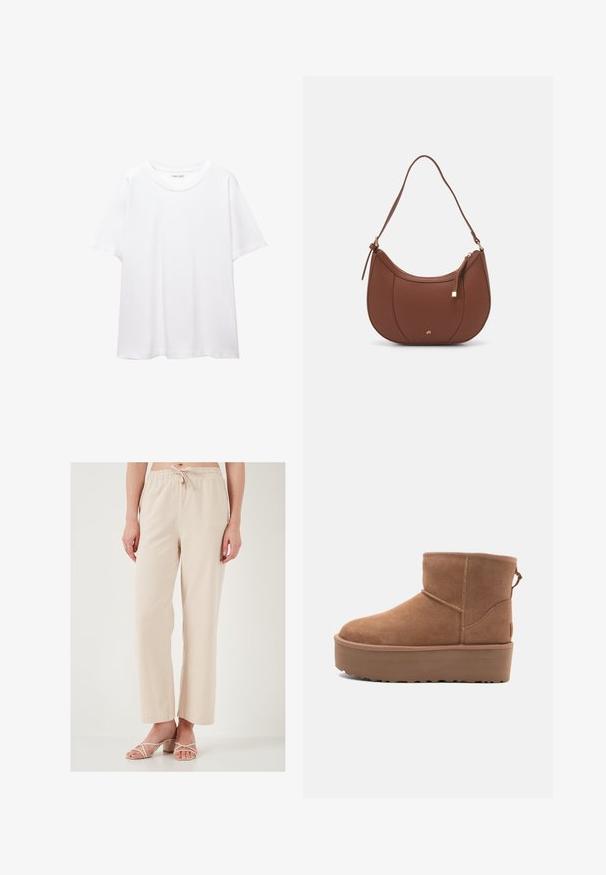Plain white t-shirt made of cotton with a round neckline, short sleeves, and a relaxed fit. Smooth texture with no patterns or accents.; Beige, relaxed-fit pants with an elastic waistband and drawstring. Smooth texture; wide-leg design. Paired with strappy light-colored sandals.; Tan suede ankle boot with a platform sole, rounded toe, and stitching accents; features a pull tab at the back for easy wear.; Brown faux leather shoulder bag with curved shape, minimal stitching, and a gold-tone hardware accent. Features a top zipper closure and adjustable strap.