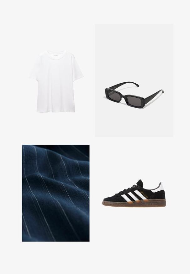 Effen wit T-shirt van katoen met een ronde hals, korte mouwen en een relaxte pasvorm. Glad textuur zonder patronen of accenten.; Marine stof met fijne witte verticale strepen, die een gladde textuur en een subtiele glans vertoont, gevouwen om de val en zachtheid te benadrukken.; Zwarte Adidas sneaker met witte strepen, gouden "Spezial" tekst, gumzool en witte hieltab, weergegeven in zijaanzicht.; Zwarte rechthoekige zonnebril met donkere lenzen, glanzende afwerking, brede pootjes en een robuust frameontwerp. Gegraveerde merknaam op één van de pootjes.