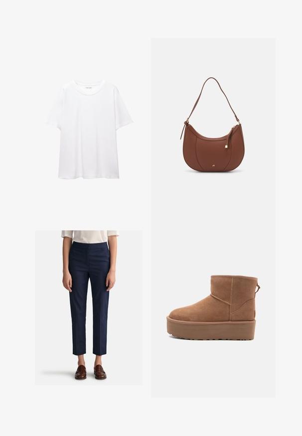 Ein schlichtes, weißes T-Shirt aus Baumwolle mit rundem Halsausschnitt, kurzen Ärmeln und lockerer Passform. Glatte Textur ohne Muster oder Akzente.; Marineblaues, gerade geschnittenes Hosenmodell aus glattem Stoff, mit flachem Bund und Seitentaschen. Kombiniert mit braunen Slippern.; Beige Wildleder-Ankle-Boot mit Plateausohle, abgerundetem Zehenbereich und abgesteppten Akzenten; verfügt über eine Zuglasche hinten für einfaches An- und Ausziehen.; Braune Kunstleder-Schultertasche mit geschwungener Form, minimaler Naht und goldfarbener Hardware-Akzent. Verfügt über einen oberen Reißverschluss und einen verstellbaren Trageriemen.