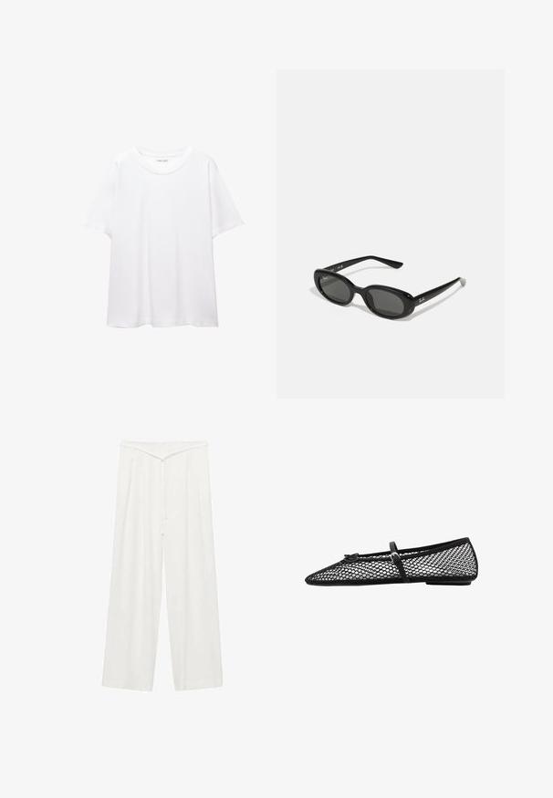 Plain white t-shirt made of cotton with a round neckline, short sleeves, and a relaxed fit. Smooth texture with no patterns or accents.; White wide-leg trousers with a high waist, featuring a belt tie, soft texture, and front pleats for added structure. Minimal design.; Black mesh ballet flat with pointed toe, decorative strap, and subtle accent. Features an open-net design and flat sole.; Black sunglasses with oval lenses, glossy plastic frame, and slender arms. Features Ray-Ban logo in white on the side.
