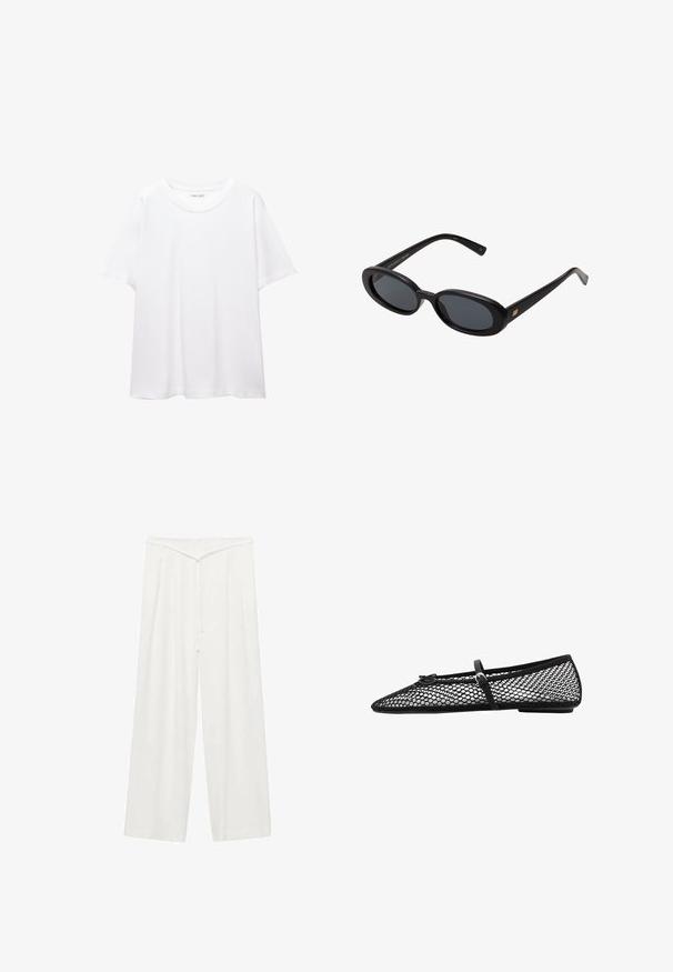 Obična bijela majica od pamuka s okruglim izrezom, kratkim rukavima i ležernim krojem. Glatka tekstura bez uzoraka ili dodataka.; Bijele široke hlače s visokim strukom, koje sadrže pojas, mekani su teksturirani materijali i prednji nabori za dodatnu strukturu. Minimalistički dizajn.; Crne mrežaste balerinke s oštrim nosom, ukrasnom trakom i suptilnim naglaskom. Imaju otvoreni mrežasti dizajn i ravni potplat.; Crne velike sunčane naočale s ovalnim staklima, glatkim plastičnim okvirom i zlatnim detaljima na sljepočnicama. Tamna stakla pružaju zaštitu od sunca.