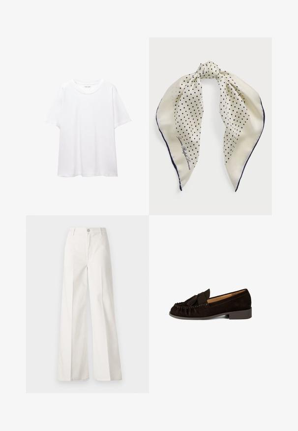 Effen wit T-shirt van katoen met een ronde hals, korte mouwen en een relaxte pasvorm. Glad textuur zonder patronen of accenten.; Witte wijde-broek gemaakt van katoen met een gladde textuur. Voorzien van een knoop aan de voorkant, ritsopening en vierzakkenontwerp.; Brown suede instappers met een ronde neus, geplooide details en een kleine kwastaccent. Heeft een lage, iets verhoogde hak.; Zijden sjaal met een crèmekleurige achtergrond en marineblauwe stippen, geknoopt in het midden; marineblauwe rand; met de tekst "Lauren Ralph Lauren."; Witte leren handtas met een geweven textuur, lange schouderriem, ritssluiting en een decoratief logo. Beschikt over kwastaccenten aan de uiteinden.