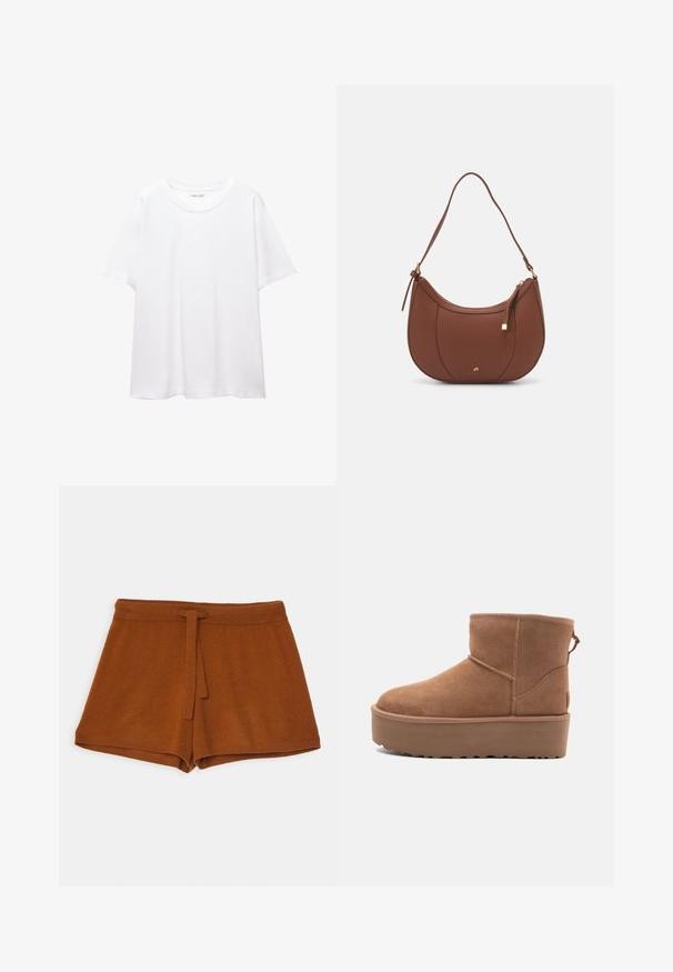 Jednoduché biele tričko vyrobené z bavlny s okrúhlym výstrihom, krátkymi rukávmi a voľným strihom. Hladká textura bez vzorov alebo akcentov.; Hnedé pletené šortky s viazaním v páse, ktoré majú jemnú textúru a jednoduchý dizajn. Spodný okraj je dokončený šitím pre zvýšenú trvanlivosť.; Hnedé semišové členkové čižmy s platformou, okrúhlou špičkou a zdobením stehov; majú slučku zozadu pre jednoduché obúvanie.; Hnedá umelá kožená taška cez rameno s zakriveným tvarom, minimalistickým šitím a zlatými akcentami. Obsahuje zips na vrchu a nastaviteľný popruh.