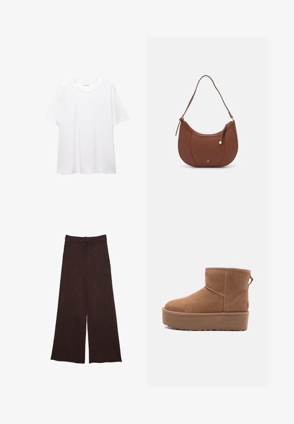 Jednoduché biele tričko vyrobené z bavlny s okrúhlym výstrihom, krátkymi rukávmi a voľným strihom. Hladká textura bez vzorov alebo akcentov.; Hnedé nohavice s širokými nohavicami vyrobené z mäkkej tkaniny, s elastickým pásom a sťahovacou šnúrkou, s textúrovaným povrchom pre pridanie detailu.; Hnedé semišové členkové čižmy s platformou, okrúhlou špičkou a zdobením stehov; majú slučku zozadu pre jednoduché obúvanie.; Hnedá umelá kožená taška cez rameno s zakriveným tvarom, minimalistickým šitím a zlatými akcentami. Obsahuje zips na vrchu a nastaviteľný popruh.