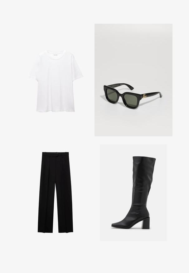 Navadna bela majica iz bombaža s krožnim izrezom, kratkimi rokavi in sproščenim krojem. Gladka tekstura brez vzorcev ali okrasov.; Črne široke hlače, krojene zasnove, z dvema sprednjima pregiboma, zankami za pas in gladko teksturo. Brez opaznih vzorcev ali poudarkov.; RAID BLICK - Škornji - black; Črne pravokotne sončna očala s temno zelenimi lečami. Imajo sijoč plastični okvir in zlate kovinske dodatke na straneh.; Črna usnjena torba za ramo z gladko teksturo, ukrivljenim vrhom in enim trakom. Ima zadrgo in minimalističen dizajn.