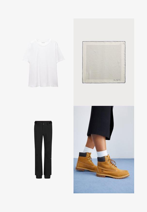 Ein schlichtes, weißes T-Shirt aus Baumwolle mit rundem Halsausschnitt, kurzen Ärmeln und lockerer Passform. Glatte Textur ohne Muster oder Akzente.; Schwarze Outdoor-Hosen verfügen über einen Standardbund mit einem Gürtel, einen Druckknopfverschluss, elastische Bündchen und ein Logo am Unterschenkel. Leichtes, strapazierfähiges Material.; Sandfarbene Wildlederschuhe mit braunen Lederakzenten, goldenen Ösen und einer strukturierten Sohle. Weiße Socken, die über den Stiefeln sichtbar sind.; Seidenschal in Creme mit einem Marineblauen Rand, der gleichmäßig verteilte marineblaue Punkte in einem Muster zeigt. Signatur in der Ecke gedruckt.; Braune Wildleder-Umhängetasche mit einem lässigen Schnitt, einem breiten Trageriemen und einem schlichten Design. Zeigt sichtbare Nähte entlang der Kanten.