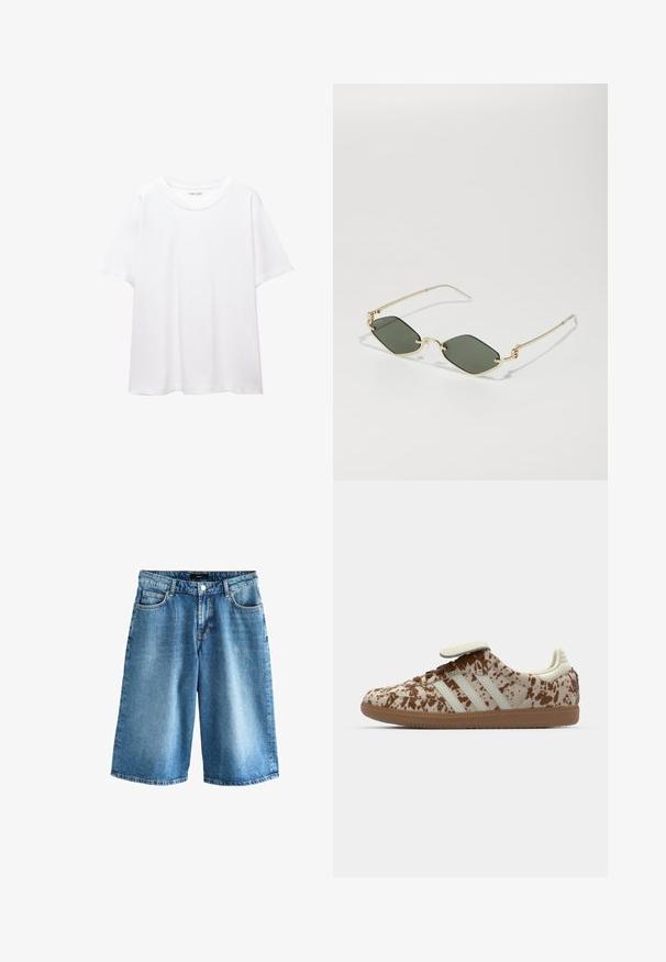 Effen wit T-shirt van katoen met een ronde hals, korte mouwen en een relaxte pasvorm. Glad textuur zonder patronen of accenten.; Lichtblauwe denim shorts met een losse pasvorm, standaard vijf-pocketontwerp en een tailleband met knoopsluiting.; Sneaker met een beige en bruine gespikkelde patroon, voorzien van drie witte strepen, een klittenbandsluiting en een bruine rubberen zool.; Gucci UNISEX - Zonnebril - gold-coloured; Lichtblauwe leren handtas met een gestructureerd ontwerp, gouden hardware en een bovenhandvat. Voorzien van een afneembare schouderriem en een textuur oppervlakte.