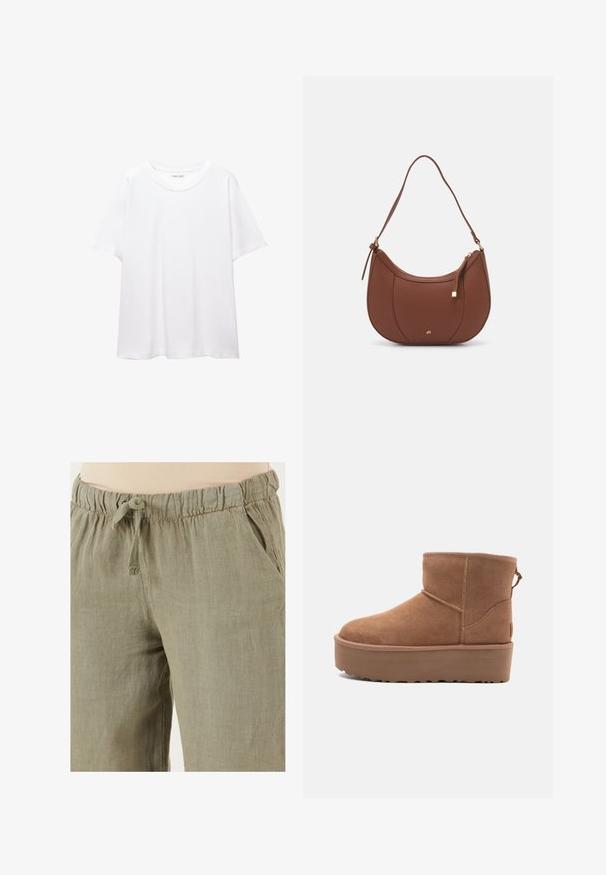 En enkel hvid t-shirt lavet af bomuld med rund halsudskæring, korte ærmer og en afslappet pasform. Glat tekstur uden mønstre eller accentuer.; Lys olivengrønne linnedbukser med elastisk talje og snøre; har sidelommer og en afslappet pasform.; Tan ruskinds ankelstøvle med platformssål, rund tå og syninger; har en løkke bagpå for nem påtagning.; Brun faux læder skuldertaske med buet form, minimal syning og en guldtonet hardwaredetalje. Har en top lynlåslukning og justerbar rem.