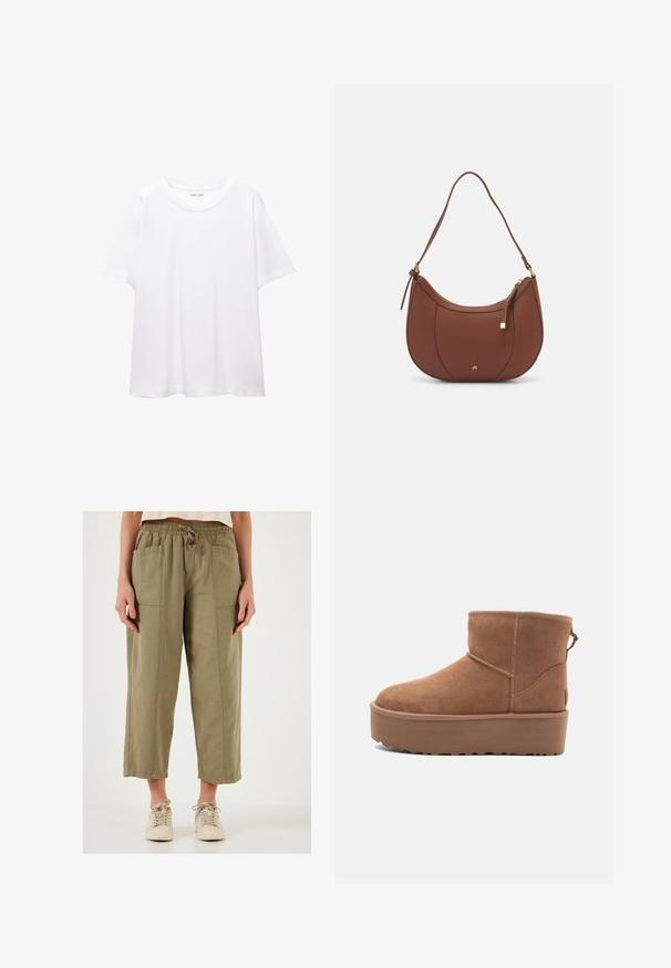 En enkel hvid t-shirt lavet af bomuld med rund halsudskæring, korte ærmer og en afslappet pasform. Glat tekstur uden mønstre eller accentuer.; Lyse olivenfarvede cropped bukser lavet af struktureret stof, med elastisk talje og forlommer. Sammen med beige sneakers.; Tan ruskinds ankelstøvle med platformssål, rund tå og syninger; har en løkke bagpå for nem påtagning.; Brun faux læder skuldertaske med buet form, minimal syning og en guldtonet hardwaredetalje. Har en top lynlåslukning og justerbar rem.