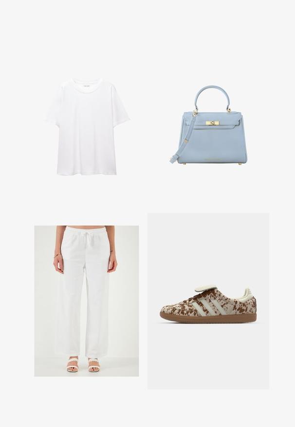 Plain white t-shirt made of cotton with a round neckline, short sleeves, and a relaxed fit. Smooth texture with no patterns or accents.; White, loose-fitting linen pants with an elastic waistband and drawstring. Smooth texture, wide leg design, and no visible patterns.; Sneaker with a beige and brown speckled pattern, featuring three white stripes, a velcro strap, and a brown rubber sole.; Light blue leather handbag with structured design, gold hardware, and top handle. Features detachable shoulder strap and textured surface.