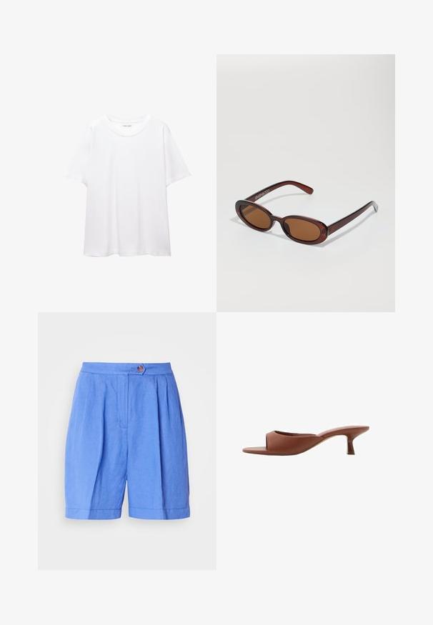 Effen wit T-shirt van katoen met een ronde hals, korte mouwen en een relaxte pasvorm. Glad textuur zonder patronen of accenten.; Blauwe linnen shorts met plooien, een knoopsluiting en een rechte snit. Heeft een gladde textuur en een zoom die boven de knie valt.; Bruine open teen hakschoenen met een gladde, matte afwerking, met een gebogen ontwerp en een transparante, taps toelopende hak.; Ronde, bruin getinte zonnebril met een glanzend bordeauxrood frame. Slanke pootjes met subtiele merkdetails. Vlakke lensontwerp.; Geweven rieten tas met bruin lederen accenten, twee handvatten en een afneembare schouderband. Gebogen vorm met een stevige basis.