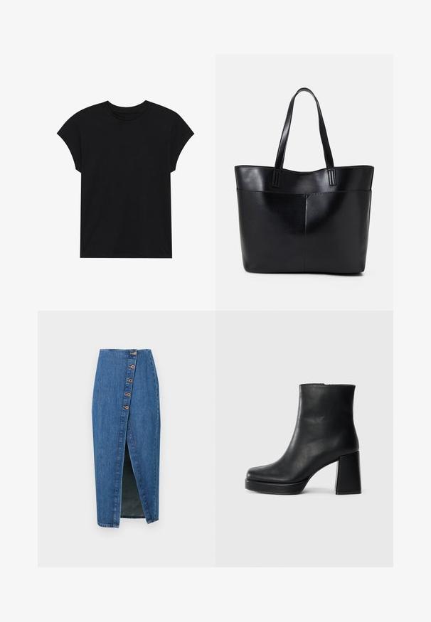 T-shirt de algodão preto com decote redondo, mangas curtas e um corte descontraído. Textura suave e sem padrões ou adornos visíveis.; Saia lápis de ganga azul médio com uma abertura frontal, apresentando seis botões castanhos decorativos ao longo da costura lateral. Textura suave e design ajustado.; Bota de couro preta até ao tornozelo com salto bloco e sola com plataforma, vista de lado sobre um fundo branco liso.; Bolsa tote preta em couro com duas alças longas, textura suave e forma estruturada. Apresenta um bolso frontal para armazenamento adicional.