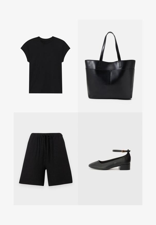Melnas kokvilnas T-krekls ar apaļu kaklu, īsām piedurknēm un brīvu piegriezumu. Gluda tekstūra un nav redzamu rakstu vai rotājumu.; Melni lina šorti ar elastīgu jostasvietu un auklu. Taisna piegriezuma, līdz ceļiem, teksturēta auduma, bez redzamām rakstainēm vai akcentiem.; Melnas ādas sūkņi ar smailu purngalu un zemu bloku papēdi. Iezīmēts ar potītes siksniņu ar zelta krāsas sprādzi. Gluda tekstūra.; Melnas ādas iepirkumu soma ar divām garām rokturām, gludu tekstūru un strukturētu formu. Iekļauj priekšējo kabatu papildu uzglabāšanai.