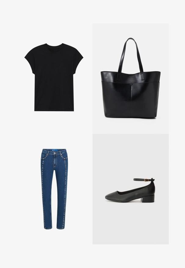 Melnas kokvilnas T-krekls ar apaļu kaklu, īsām piedurknēm un brīvu piegriezumu. Gluda tekstūra un nav redzamu rakstu vai rotājumu.; Tumši zili džinsi ar taisnu griezumu, piedāvājot kontrastējošu diegu un dekoratīvas studijas gar sānu šuvēm un priekšējām kabatām.; Melnas ādas sūkņi ar smailu purngalu un zemu bloku papēdi. Iezīmēts ar potītes siksniņu ar zelta krāsas sprādzi. Gluda tekstūra.; Melnas ādas iepirkumu soma ar divām garām rokturām, gludu tekstūru un strukturētu formu. Iekļauj priekšējo kabatu papildu uzglabāšanai.