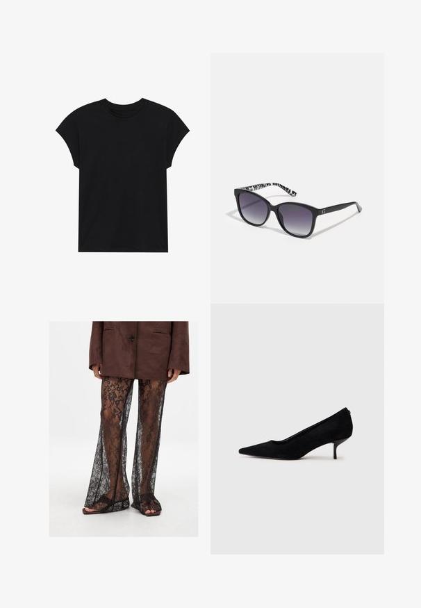Svart bomull t-shirt med rund halsringning, korta ärmar och avslappnad passform. Slät textur utan synliga mönster eller prydnader.; Svarta spetsbyxor i utsvängd modell med blommönster, genomskinlig textur och vida benöppningar, parat med bruna slidesandaler.; Svart mocka hög klackskor med spetsig tå och en smal, låg klack. Slät textur med en elegant design, utan synlig hårdvara.; Svarta solglasögon med gradientlinser, fyrkantig form och en texturerad svart-vitt mönstrad båge. Har en silverfärgad logotypdetalj.