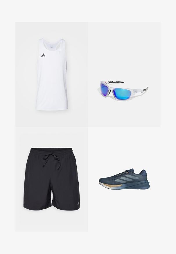 White sleeveless athletic tank top made of lightweight fabric, featuring black Adidas logo on the left chest and a scoop neckline.; Black elastic waist shorts with an adjustable drawstring and small reflective logo on the left leg.; adidas Performance SUPERNOVA STRIDE 2 - Road running shoes - preloved ink   cloud white   dark blue; Sports sunglasses with clear frames, blue and purple mirrored lenses, angular design, and black accents on the temples.