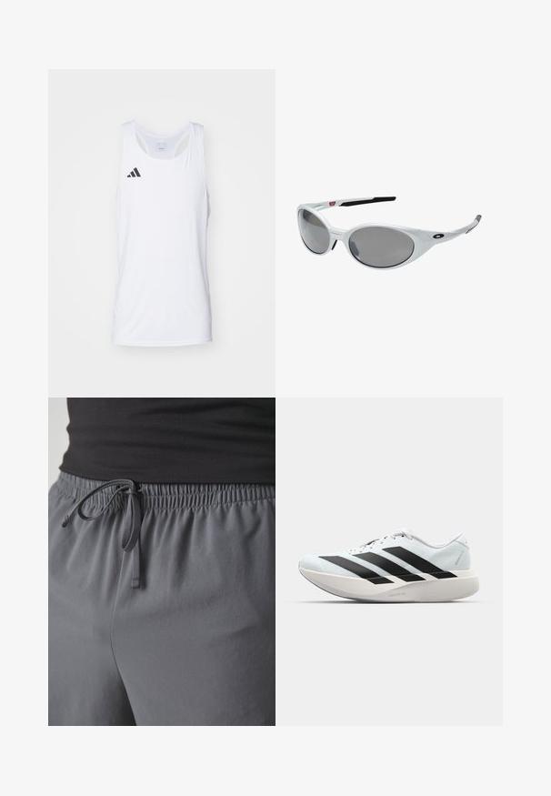 Valge ilma varrukateta sporditopp, mis on valmistatud kergest kangast, millel on must Adidas logo vasakul rinnal ja ümar kaelus.; Hallid hallid spordilühikesed, millel on köiesuus, sujuv ja kerge kangas ning mugav lõige, sobivad aktiivseks kasutamiseks.; Kerged jooksujalatsid helesinises värvuses mustade triipudega. Omavad siledat pealispinda, ümarat varvase osa ja paksu valget vahemõõtu, millel on silt "LIGHTSTRIKE PRO".; Valged plastikust prillid suurte ovaalsete objektiividega, halli toonistusega. Omavad musti kõrvaankreid ja väikest logot raamil. Sujuv viimistlus.