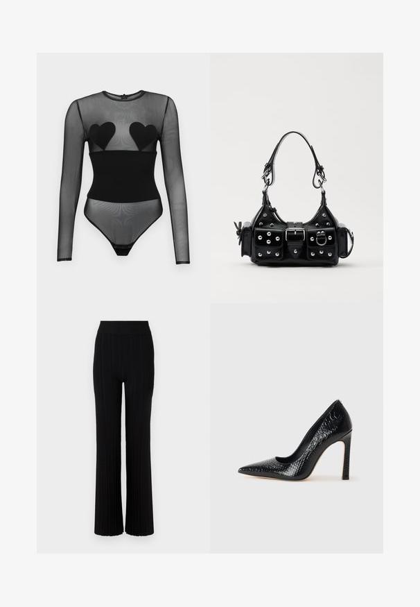 Undress Code BED OF ROSES BODYSUIT - Tops ar garām piedurknēm - black; Melnas ribotas bikses ar platu kāju dizainu, elastīgu jostu un teksturētu audumu, ar vertikālām svītrām visā virsmā.; Melni augstpapēžu apavi ar norādītu purngalu, ar krokodila ādas tekstūru, izceļoties ar elegantu dizainu, augstu stiletto papēdi un gludu melnu interjeru.; Melnas ādas rokturmais ar izliekumu, ar sudraba iedurtiem, sprādzi un divām sānu kabatām. Regulējams siksniņas garums dažādām nēsāšanas iespējām.