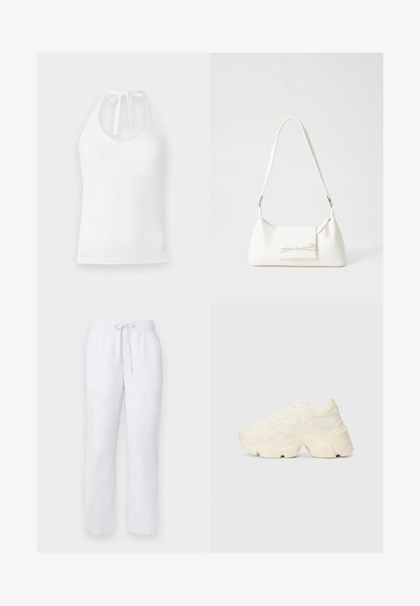 Top halter branco feito de tecido suave, com decote arredondado, alças ajustáveis e silhueta ajustada.; Pantalones de pijama azul claro com um padrão texturizado, cintura elástica e cordão. Design de perna reta, tecido leve.; Sapatilhas brancas chunky feitas de malha texturizada e materiais sintéticos, apresentando uma sola espessa e detalhes de padrão intrincados ao longo dos lados.; Mala sintética branca com formato triangular, aba frontal plana e detalhe de laço, alça ajustável, textura suave e design minimalista.