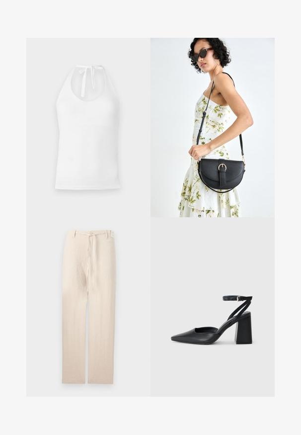 Balta haltera blūze no gludas auduma ar noapaļotu kakla izgriezumu, regulējamām saitēm un pieguļošu siluetu.; Beigu linu bikses ar taisnu kāju dizainu, ar pogu aizdari un auduma jostu viduklī, dodot vieglu un teksturētu izskatu.; Melna ādas augstpapēžu kurpe ar norakstīto purngala formu, potītes siksniņu un masīlu papēdi. Gluda tekstūra, elegants dizains un minimālisma estētika.; Melnas ādas rokassoma ar izliekta formu, noņemamu siksnu un zelta aksesuāriem. Somai ir vāciņš ar sprādzes detaļu.