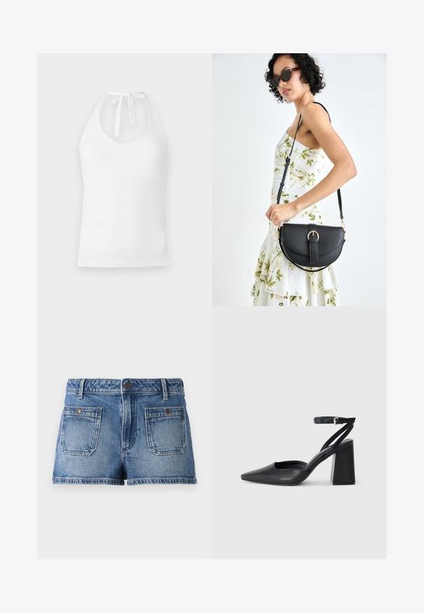 Balta haltera blūze no gludas auduma ar noapaļotu kakla izgriezumu, regulējamām saitēm un pieguļošu siluetu.; Gaiši zili denim šorti ar izgaismotu apdari, piecu kabatu dizains, divas priekšējās kabatas, divas aizmugurējās kabatas un ar pogu aizdari.; Melna ādas augstpapēžu kurpe ar norakstīto purngala formu, potītes siksniņu un masīlu papēdi. Gluda tekstūra, elegants dizains un minimālisma estētika.; Melnas ādas rokassoma ar izliekta formu, noņemamu siksnu un zelta aksesuāriem. Somai ir vāciņš ar sprādzes detaļu.