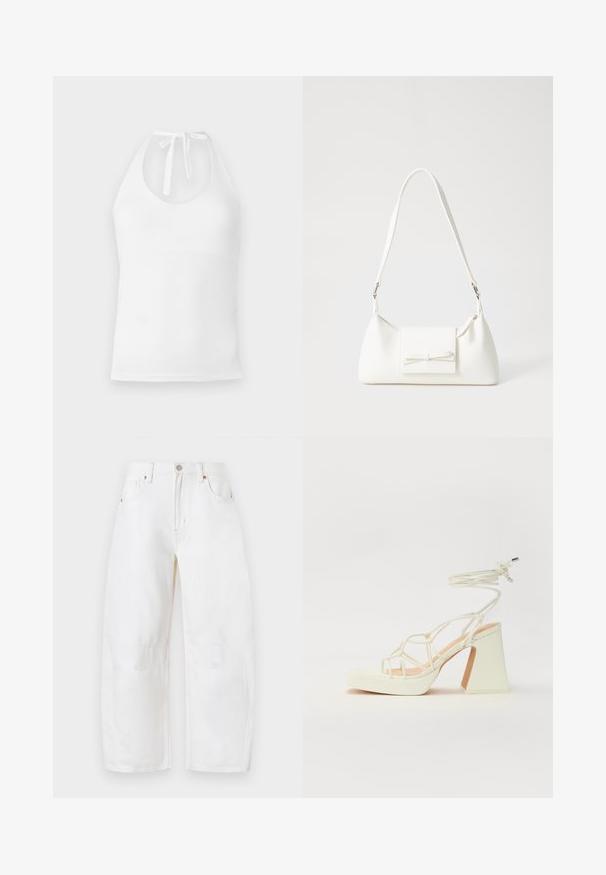 Weißes Halfteroberteil aus glattem Stoff, mit runder Ausschnittlinie, verstellbaren Bindebändern und taillierter Silhouette.; Weiße, weit geschnittene Jeans aus Denim mit Knopfverschluss, fünf Taschen und dezenten Nähdetails. Weiche Textur und lässiges Design. Keine sichtbaren Abnutzungen.; Weiße High-Heel-Sandale mit einem klobigen Absatz, die über ein Riemchendesign und ein Knöchelband verfügt. Glatte Textur mit einer Plattform vorne für zusätzliche Höhe.; Weiße synthetische Handtasche in dreieckiger Form, flache Vorderklappe und Schleifendetail, verstellbarer Trageriemen, glatte Textur und minimalistisches Design.