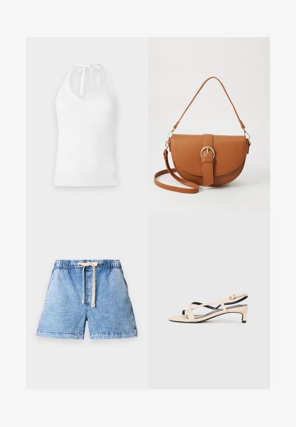 White halter top made of smooth fabric, featuring a rounded neckline, adjustable tie straps, and a fitted silhouette.; Light blue denim shorts with an elastic waistband and drawstring detail. Features two side pockets and a straight cut hem.; Beige leather slingback sandal with crisscross straps, low heel, and black accents. Smooth texture and minimalistic design.; Brown leather crossbody bag with a curved shape, gold hardware, and a buckle accent. Features a detachable shoulder strap.