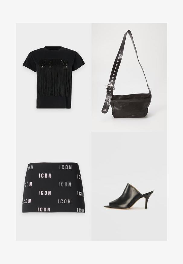 Camiseta negra de manga corta con un diseño de flecos en el pecho. Los flecos están hechos de un material texturizado, añadiendo dimensión.; Falda mini negra con texto brillante "ICON" en un patrón repetitivo a lo largo de la tela, textura suave con un diseño ajustado.; Mule negro de cuero con punta abierta, con un diseño elegante y curvado, tacón alto de aguja y textura suave. El interior presenta un color claro en contraste.; Bolso cruzado de cuero negro con un acabado texturizado, que cuenta con una amplia correa ajustable adornada con tachuelas plateadas y una hebilla metálica.