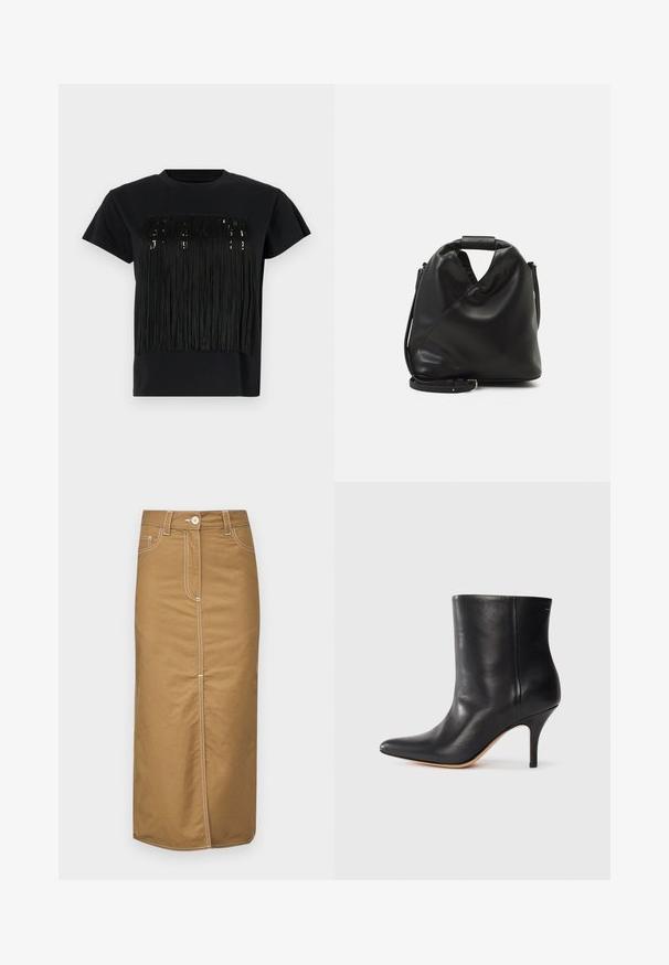 T-shirt nera a maniche corte con un design a frange sulla parte anteriore. Le frange sono realizzate in un materiale testurizzato, aggiungendo profondità.; Gonna marrone di lunghezza media in tessuto resistente, con cuciture bianche, chiusura frontale con bottoni e due tasche laterali. Design a silhouette dritta.; Stivale alla caviglia in pelle nera con punta affilata, sottile tacco a stiletto e superficie liscia. Design minimalista senza hardware o accenti visibili.; Borsa nera in pelle morbida con un design unico e attorcigliato. Presenta una maniglia corta e una tracolla removibile. Stile minimalista.
