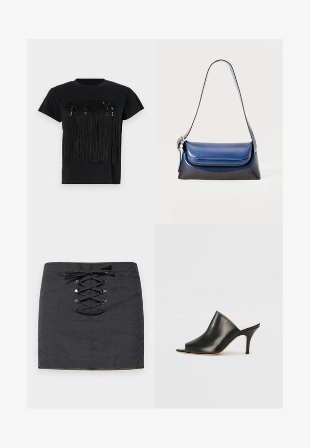 Schwarzes T-Shirt mit kurzen Ärmeln, das ein Fransen-Design über der Brust aufweist. Die Fransen bestehen aus strukturiertem Material, was dem Shirt Tiefe verleiht.; Dunkelgrauer Minirock mit einer vorderen Schnürung und metallischen Details. Glatte Textur, figurbetonte Form und mittelhoher Taillenbund.; Schwarze Leder- offene Zehen-Mules mit einem eleganten, geschwungenen Design, hohem Stiletto-Absatz und glatter Textur. Das Innere weist eine kontrastierende hellere Farbe auf.; Marinefarbene Lederhandtasche mit glatter Oberfläche, rundem Design, gefaltetem oberen Teil und einem einzelnen Schulterriemen. Inklusive silberner Hardware-Akzent.