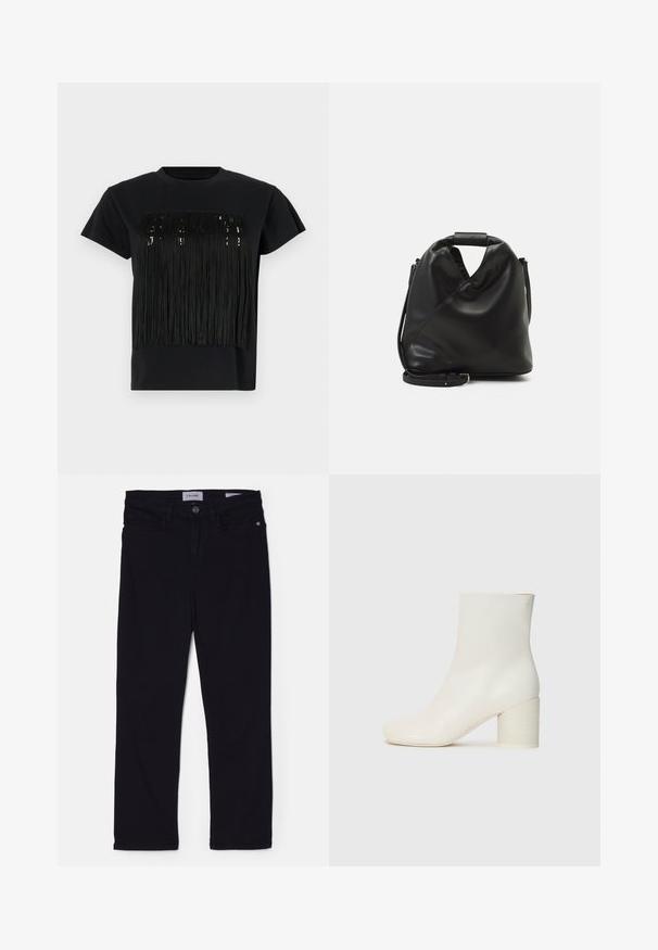 Zwarte t-shirt met korte mouwen voorzien van een franjes ontwerp over de borst. De franjes zijn gemaakt van gestructureerd materiaal, wat diepte toevoegt.; Zwarte denim jeans met een slim fit, voorzien van een sluiting met knoop aan de voorkant, riemlussen en voortasjes. Zacht materiaal met een gladde textuur.; Witte leren enkellaars met een ronde neus en een stevige cilindrische hak. Gladde textuur, minimalistisch design, geen zichtbare hardware of patronen.; Zwarte, zachte leren tas met een unieke gedraaide vorm. Voorzien van een korte handgreep en een afneembare schouderriem. Minimalistische stijl.