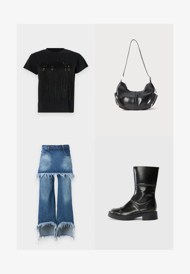 T-shirt noir à manches courtes avec un design à franges sur la poitrine. Les franges sont en matériau texturé, ajoutant de la dimension.; Jupe-pantalon en denim, dégradé de bleu clair à bleu foncé, ourlet brut avec bords effilochés, cinq poches, taille standard, silhouette à jambe large.; Bottine en cuir noir avec un bout rond, finition lisse, coutures contrastées et un talon bloc, présentant une silhouette légèrement effilée.; Sac à épaule en cuir noir en forme de croissant avec des fermetures éclair argentées de chaque côté et une seule bandoulière.