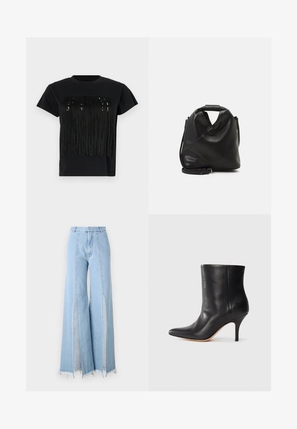 Camiseta negra de manga corta con un diseño de flecos en el pecho. Los flecos están hechos de un material texturizado, añadiendo dimensión.; Jeans de pierna ancha en azul claro con cintura alta, que cuentan con aberturas laterales y dobladillos deshilachados. Fabricados en denim con detalles de costura en contraste.; Botín de cuero negro con punta afilada, tacón de aguja delgado y textura lisa. Diseño minimalista sin hardware o acentos visibles.; Bolso de cuero negro y suave con un diseño retorcido único. Presenta un asa corta y una correa de hombro desmontable. Estilo minimalista.