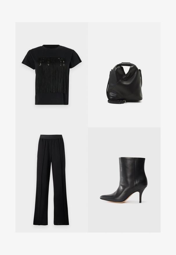 Černé tričko s krátkým rukávem s designem třásní přes hrudník. Třásně jsou vyrobeny z texturovaného materiálu, což přidává rozměr.; Černé kalhoty širokého střihu vyrobené z hladké látky s elastickým pasem. Obsahují sklady pro větší objem a pohyb, bez viditelných vzorů nebo akcentů.; Černá kožená kotníková bota s špičatou špičkou, štíhlým jehlovým podpatkem a hladkým povrchem. Minimalistický design bez viditelného hardwaru nebo akcentů.; Černá, měkká kožená taška s unikátním zkrouceným designem. Obsahuje krátkou rukojeť a odnímatelný ramenní popruh. Minimalistický styl.