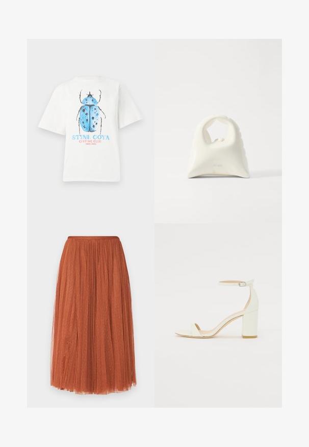 Fehér pamut póló rövid ujjakkal, kék bogár grafikával és "STINE GOYA KEMPING KLUB 2006 ÓTA" felirattal.; Rozsdabarna tüll szoknya, amelynek illeszkedő derékrésze van. Ráncolt kialakítással és diszkrét fémes részletekkel rendelkezik. Midi hosszúságú.; Fehér bőrsarkú szandál bokaankarral és csattal, minimális dizájnnal. Nyitott orrú és sima textúrákkal az egész felületen.; Fehér kézitáska, texturált, ívelt dizájnnal. Kiemelkedő füllel és lekerekített aljjal rendelkezik, sima felülettel és minimális fémszerelvényekkel.