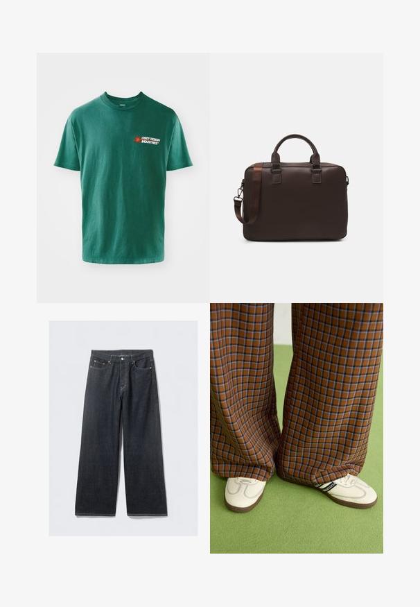 Zaļa kokvilnas T-krekls ar apaļu kakla izgriezumu, īsām piedurknēm un priekšējo kreiso grafiku, kurā iekļauts "OBEY DESIGN INDUSTRIES" un sarkans saules stars.; Tumši džinsu platmalu bikses ar augsto jostasvietu, ar vara tonī krāsu kniedēm un kontrastējošu šuvumu, gluda tekstūra un bez redzamām rakstu apdrukām.; Brūni un zili rūtaini platās kājas bikses, kas savienotas ar baltām kurpēm ar melniem akcentiem un teksturētām zolēm, uz zaļa fona.; Brūna ādas portatīvo datoru soma ar teksturētu virsmu, divām augšējām rokturiem, regulējamu siksnu un diviem priekšējiem sprādzēm, lai pievienotu papildu detaļas.