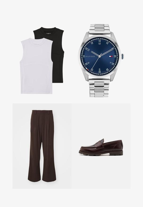 Două topuri atletice fără mâneci, unul alb și unul negru, fabricate dintr-un material elastic, cu decolteu rotund și detalii vizibile ale cusăturilor.; Pantaloni maro cu picioare largi, cu talie înaltă, având plisse în față și bucle pentru curea, confecționați dintr-un material neted și ușor.; Mocasini din piele maro, cu un detaliu superior în stil mocasin, cusături texturate și o talpă robustă, dotată cu crampoane multidirecționale.; Ceas metalic argintiu cu un cadran albastru periat, marcaje albe pentru ore și o afișare a datei. Dispune de o curea metalică legată și logo-ul mărcii.