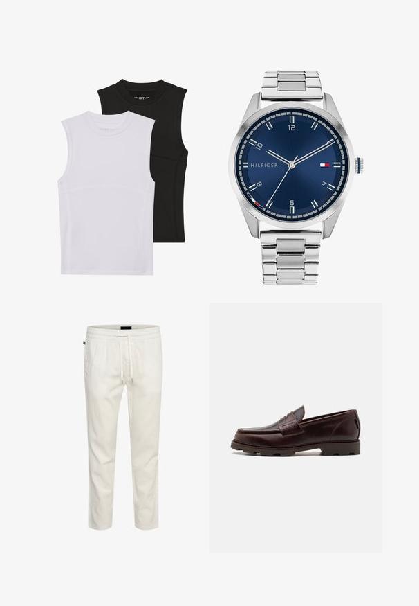 Kaks ilma varrukat sporditoppi, üks valge ja teine must, venivast kangast, ümarate kaeluste ja nähtavate õmbluse detailidega.; Valged, kerge puuvillased joggersid elastse vöökoha, paelaga sulgumise ja mugava lõikega. Sile tekstuur, ilma mustrite või aktsentideta.; Pruunist nahast loafers, millel on mokassiini stiilis ülemine osa, tekstuuriga õmbluste detailid ja vastupidav tald, millel on mitmes suunas mustrid.; Hõbedane metallkell harjatud sinise sfääri, valgete tunnimarkerite ja kuupäeva kuvamisega. Omab kinnitatud metallist rihma ja kaubamärgi logo.; Hõbedane kettkaelakee, millel on paksud lingid ja keskel keeruka detailidega ümmargune ripats. Sile, peegeldav metallpind.