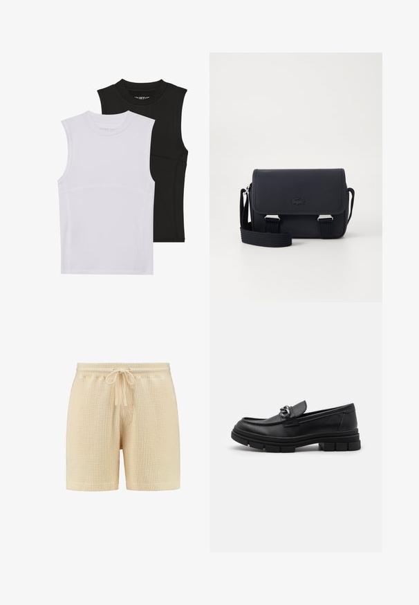 Két ujjatlan sportfelső, egy fehér és egy fekete, rugalmas anyagból, kerek nyakkivágással és látható varrásokkal.; Beige színű, váffel kötésű rövidnadrág, elasztikus derékpánttal, zsinóros záródással és laza szabással. Egyszerű dizájn, minták vagy további díszítések nélkül.; Fekete bőr mokaszín, lekerekített orral, díszes pánttal és fém kiegészítővel, valamint vastag, texturált talppal. Simább felület, finom részletezéssel.; Lacoste CROSSOVER BAG CLASSIC - Keresztpántos táska - noir; Ezüst színű fém óra kék, kefélt számlappal, fehér órijjelezőkkel és dátumkijelzővel. Fém, láncolt szíj és márkalogó jellemzi.; Ezüst lánc nyaklánc, vastag gyűrűkkel és középen egy részletes díszítéssel ellátott kör alakú medállal. Simára polírozott, fényes fémfelület.