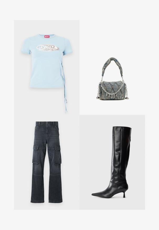 Gaiši zils īsām piedurknēm T-krekls ar noapaļotu kakla izgriezumu, sānu saitēm un grafisku apdruku, kurā ir teksts "www.diesel.com" sudraba krāsā.; Tumši pelēki kravas džinsi, kas izgatavoti no denima, ar divām sānu kabatām un platām kājām. Šūtas detaļas gar šuvēm un malām.; Melnas ādas ceļgala augstuma zābaki ar norādītu purngalu un plānu izliekumu papēdi. Gluda tekstūra, pieguļošs dizains un bez redzamām detaļām vai rakstiem.; Denim soma ar izšūtu rakstu, zila krāsa, īsa sapītas rokturis un sudraba ķēdes siksna ar metālisku zīmola uzrakstu.