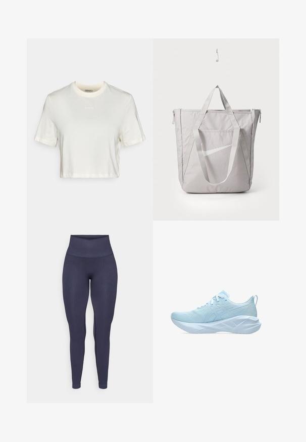 Skraćeni bijeli majica od pamuka s glatkom teksturom, s okruglim izrezom i kratkim rukavima. Logo "BORG" u suptilnoj vezbi.; Tamno plave rebraste leggingse s visokim strukom, prilagođenim dizajnom i glatkom teksturom, s diskretnim detaljima na bočnim šavovima.; Svijetloplave atletske tenisice s mrežastim gornjim dijelom, ravnim vezicama i debelim, teksturiranim potplatom s geometrijskim naglascima za stabilnost.; Siva torba s pojačanim ručkama, prednji džep s patentnim zatvaračem i bijelim Nike swoosh logom. Izrađena od izdržljive tkanine s glatkom teksturom.