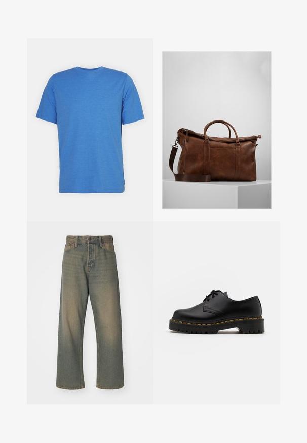 Lühikeste käistega särk ümara kaelusega, ühtlases sinises värvuses. Valmistatud pehmest, hingavast kangast, millel on sile tekstuur ning ilma mustrite ja rõhutusteta.; Tumed rohelised denimpüksid, millel on lai lõige, kõrge vöökoht ja kerged kulumisjäljed. Omab klassikalist viie tasku disaini ja tugevat õmblust.; Must musta lesti kingad ümarate varvastega, tekstureeritud kummitald ja kollane õmblus aluse ääres. Lame disain ja sile viimistlus.; Pruunist nahast nädalavahetuse kott, millel on lukuga sulgur, topeltkäepidemed, reguleeritav õlavarre rihm ja nähtavad tekstuurimustrid pinnal.