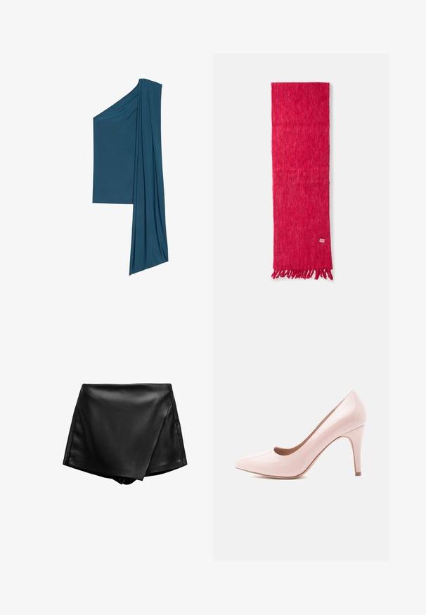 Asymmetrisk teal topp gjord av mjukt, lätt material. Har draperade detaljer på ena sidan och en rak fåll på den andra.; Svart fusk läder shorts med hög midja och inslagning design samt slät yta. Har rena linjer och inga synliga knäppningar.; Rosa högklackad sko i lackläder med spetsig tå och slank design, med en klack på 9 cm och en slät, glansig yta.; Röd ullsjaal med en mjuk textur, med franskanter och ett subtilt mönster. Rektangulär form, lätt design.; Beige mockasklutch med guldkedja och rektangulär hårdvarudetalj. Har en vikflik med snedställda kanter och sömdetaljer.