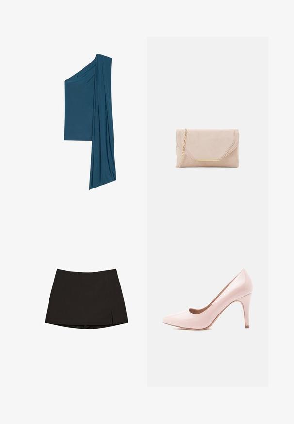 Top asimmetrico di colore teal realizzato in tessuto morbido e leggero. Presenta dettagli drappeggiati su un lato e un orlo dritto sull'altro.; Minigonna nera in tessuto liscio, con design dritto, spacchi laterali e orlo pulito. Semplice e versatile.; Décolleté in vernice rosa con punta affusolata e silhouette slanciata, dotata di tacco a stiletto di 10 cm e finitura liscia.; Clutch beige in suede con tracolla in catena dorata e un accento hardware rettangolare. Presenta una patta pieghevole con bordi inclinati e dettagli di cucitura.