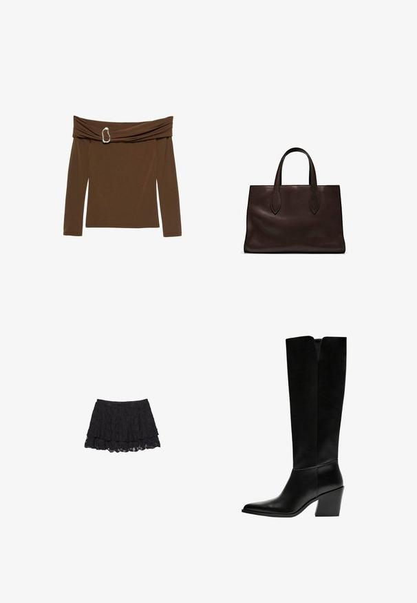Top marrone off-the-shoulder con maniche lunghe, caratterizzato da un design in tessuto intrecciato e un accento a forma di cuore in argento all'apertura del collo.; Gonna in pizzo nero con un design a strati, caratterizzata da una superficie texturizzata e un orlo scalloppato. Vita elasticizzata per una vestibilità comoda.; Stivali neri al ginocchio in pelle liscia, con punta appuntita, tacco a blocco e un'apertura a forma di V nella parte superiore.; Borsa a spalla in pelle marrone con due manici lunghi, forma rettangolare strutturata, texture liscia e dettagli di cucitura sottili.