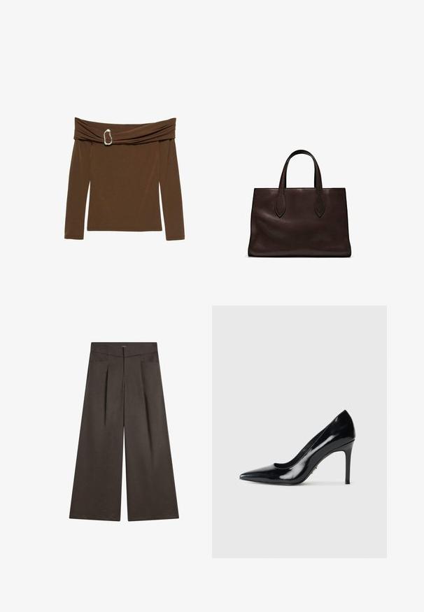 Bruine off-the-shoulder top met lange mouwen, met een gedraaid stofontwerp en een zilveren hartvormige accent bij de hals.; Wijde broekspijpen in donkerbruin stof, met een platte voorkant, twee zijzakken en een gladde textuur met een op maat gemaakte silhouette.; Zwarte gepatineerde leren, puntige high heel pumps met slanke stiletto hak op een plain witte achtergrond.; Bruine leren tote bag met twee verlengde handvatten, gestructureerde rechthoekige vorm, gladde textuur en subtiele stiksels.