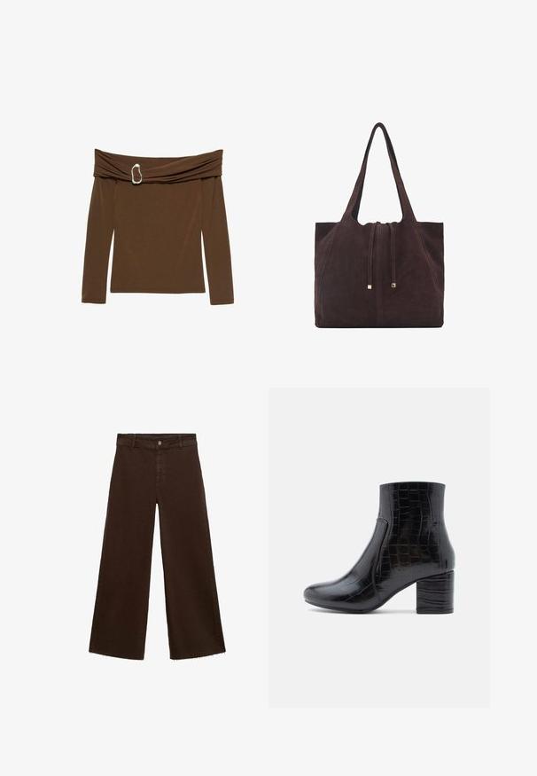 Smeđi top s otvorenim ramenima i dugim rukavima, sadrži dizajn od zavijenog materijala i srebrni akcent u obliku srca na izrezu.; Smeđe široke hlače od pamuka, s raspucanim rubom, prednjim kopčanjem na dugme i klasičnim dizajnom s pet džepova. Minimalističke i svestrane.; Crna gležnjača od sjajne kože s utisnutim uzorkom krokodilske kože. Ima zaobljen vrh i široku blok petu. Glatka tekstura i elegantan dizajn.; Mango Velika torba - dark brown