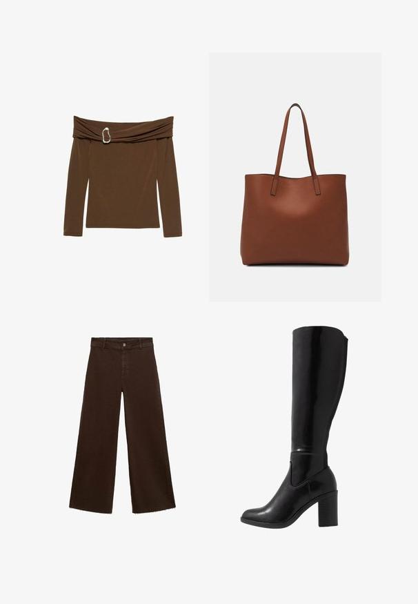 Hnedý top bez ramienok s dlhými rukávmi, ktorý má prekrútený dizajn látky a strieborný akcent v tvare srdca pri výstrihu.; Hnedé široké nohavice z bavlnenej zmesi, s roztrhnutým lemom, predným zapínaním na gombík a klasickým dizajnom s piatimi vreckami. Minimalistické a všestranné.; Čierne lesklé čižmy s vysokým podpätkom s okrúhlou špičkou, hladkou textúrou, bočným výrezom a robustným zloženým podpätkom.; Hnedá kožená taška na rameno s hladkou textúrou, otvoreným vrchom a dvoma ramenými popruhmi. Má minimálne šitia a žiadne viditeľné kovania.